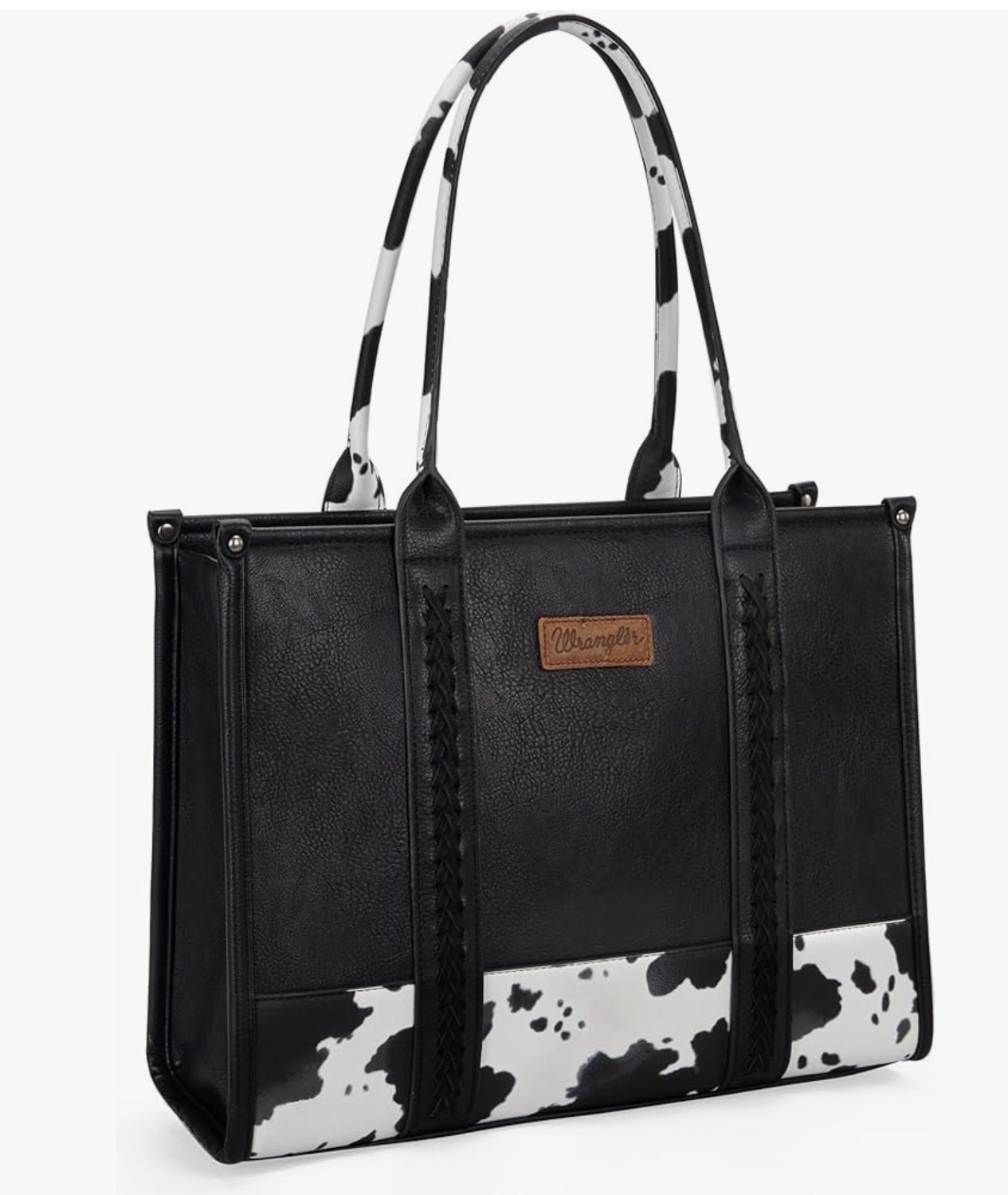wrangler cow print and black tote bag