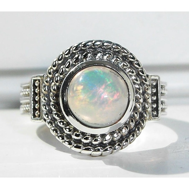 Size 7, 925 STERLING SILVER Genuine Round Ethiopian Opal Ring