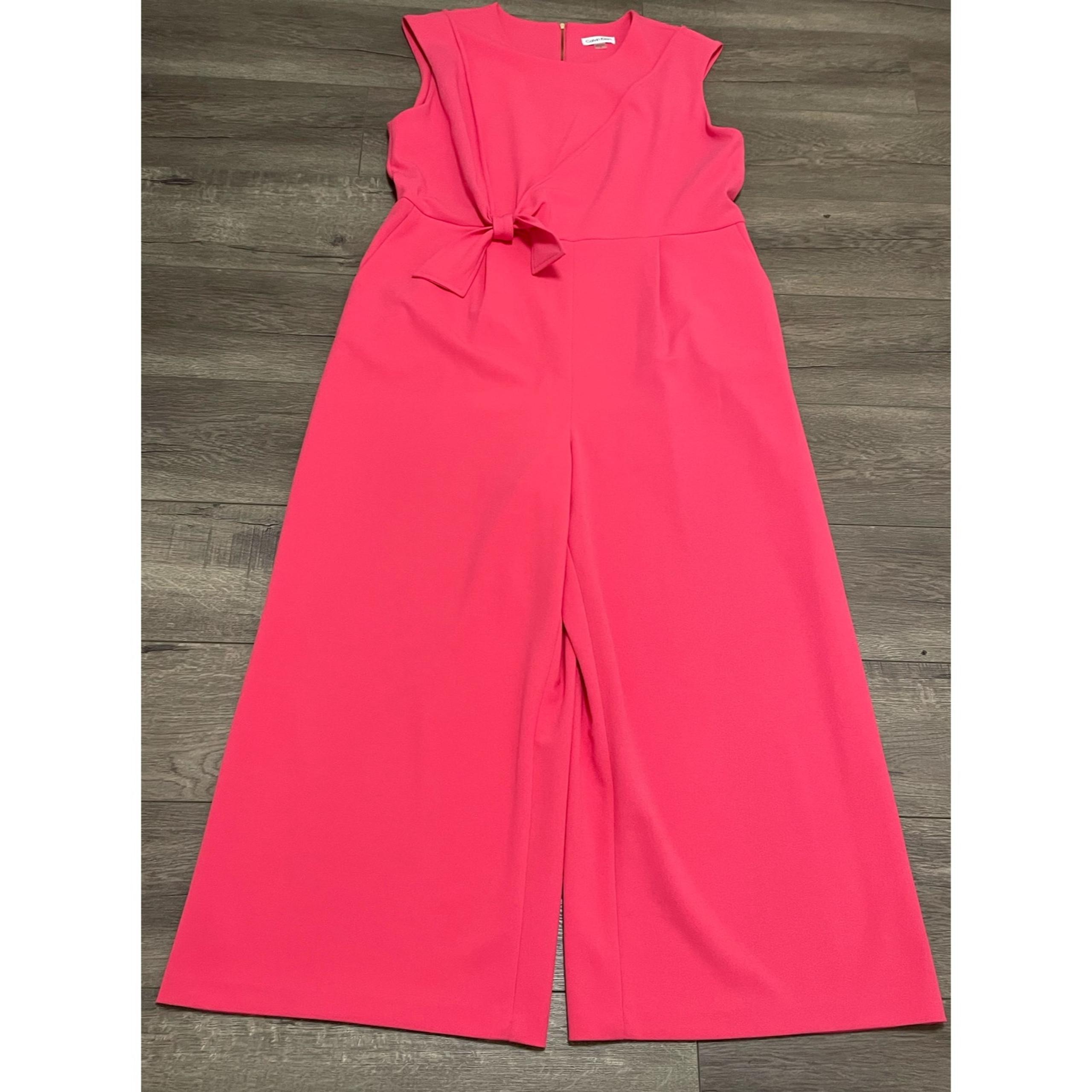 Calvin Klein Jumpsuit Women Medium Sleeveless Front Tie Pockets Hot Pink Sz 16