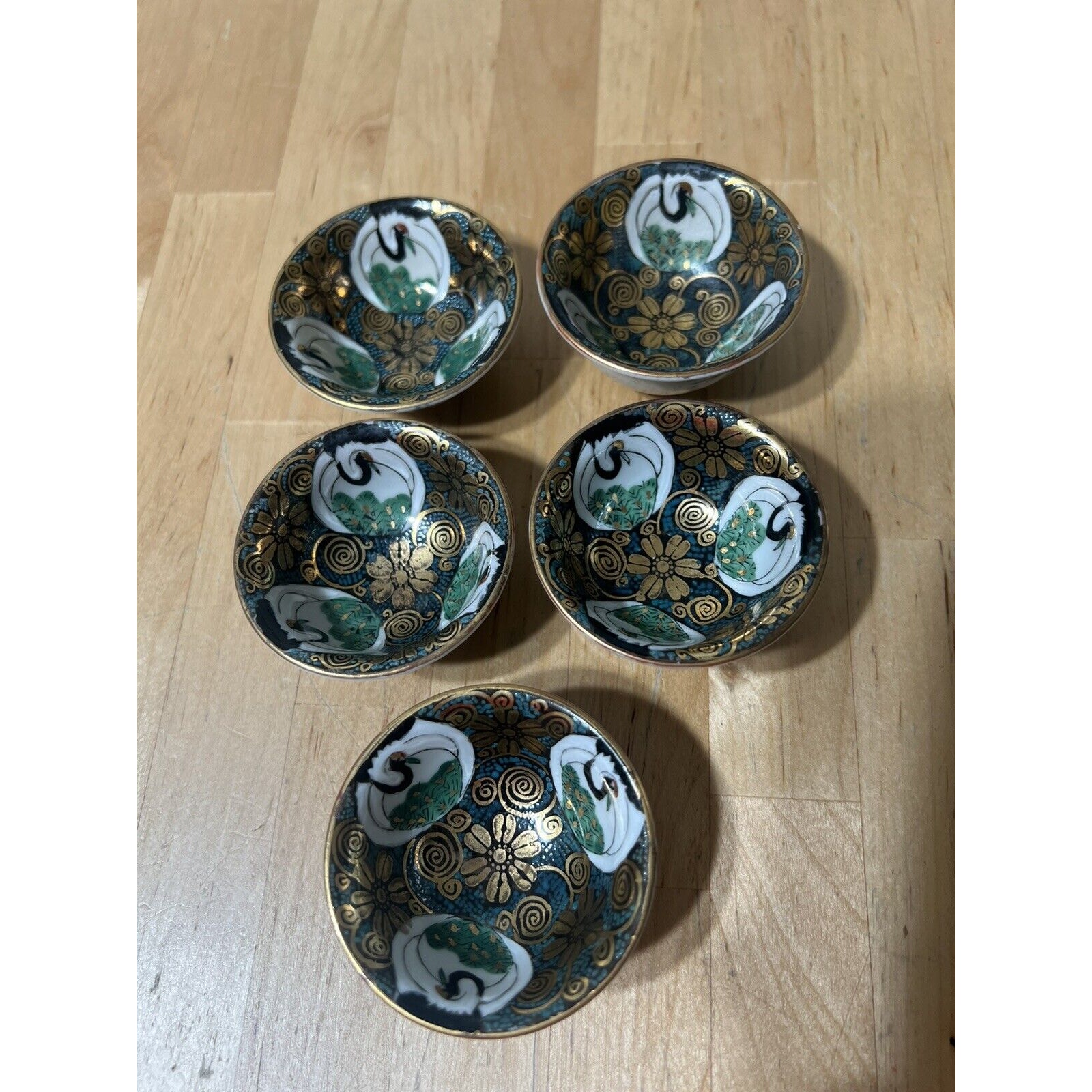 Vintage Japanese Kutani Ware Pottery Gold Sake Cup 5 Pcs Crane Pattern