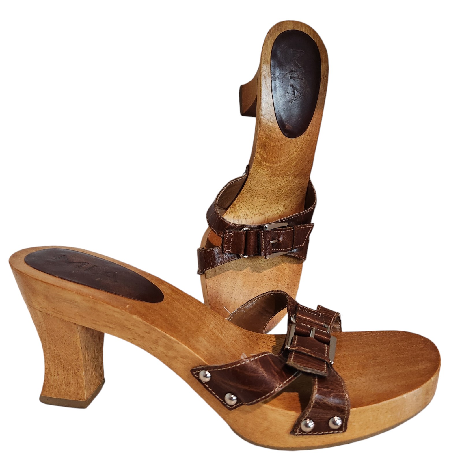 Y2K iconic wood and leather mules size 8