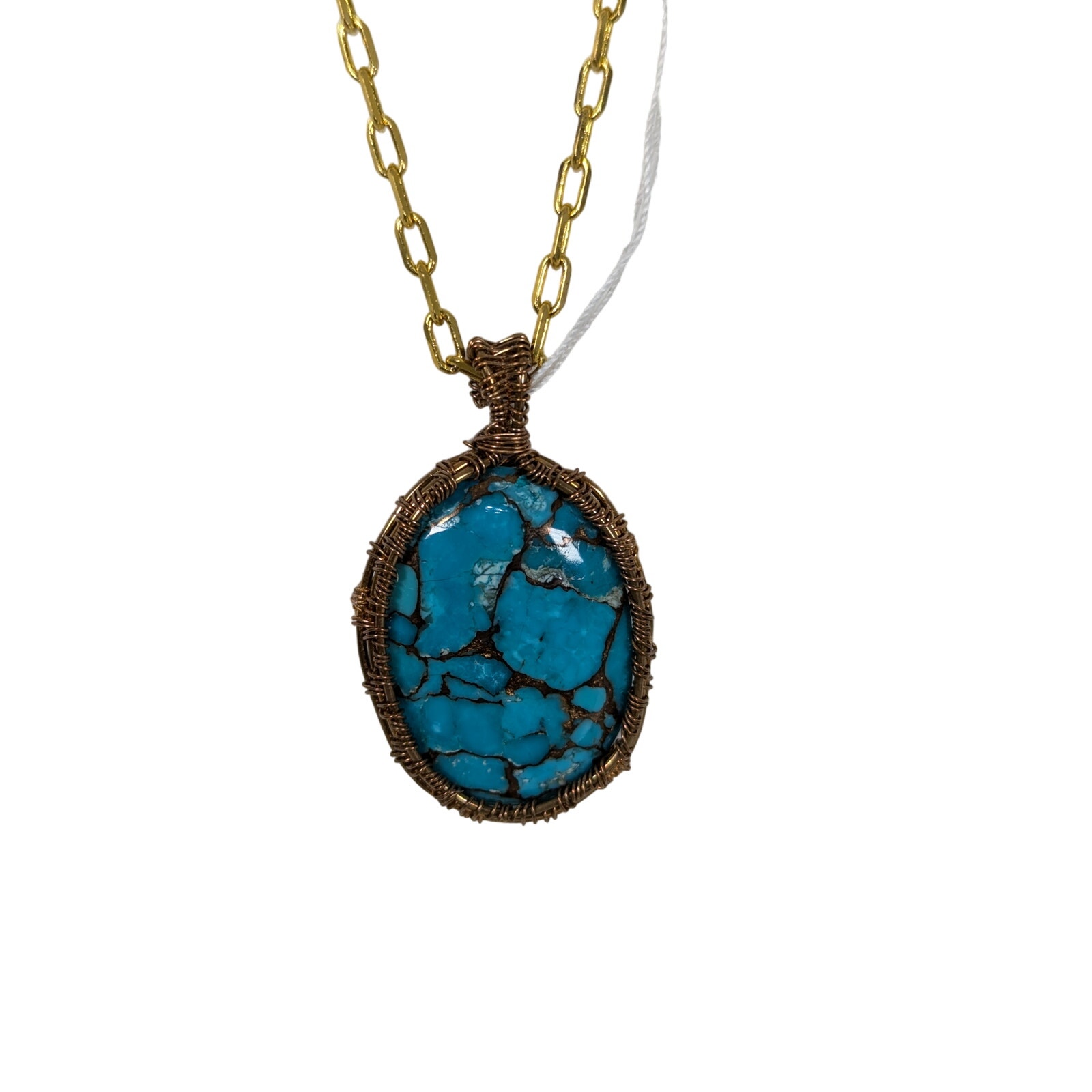Small Mohave Turquoise necklace stone wrapped in Red brass with G filled chain
