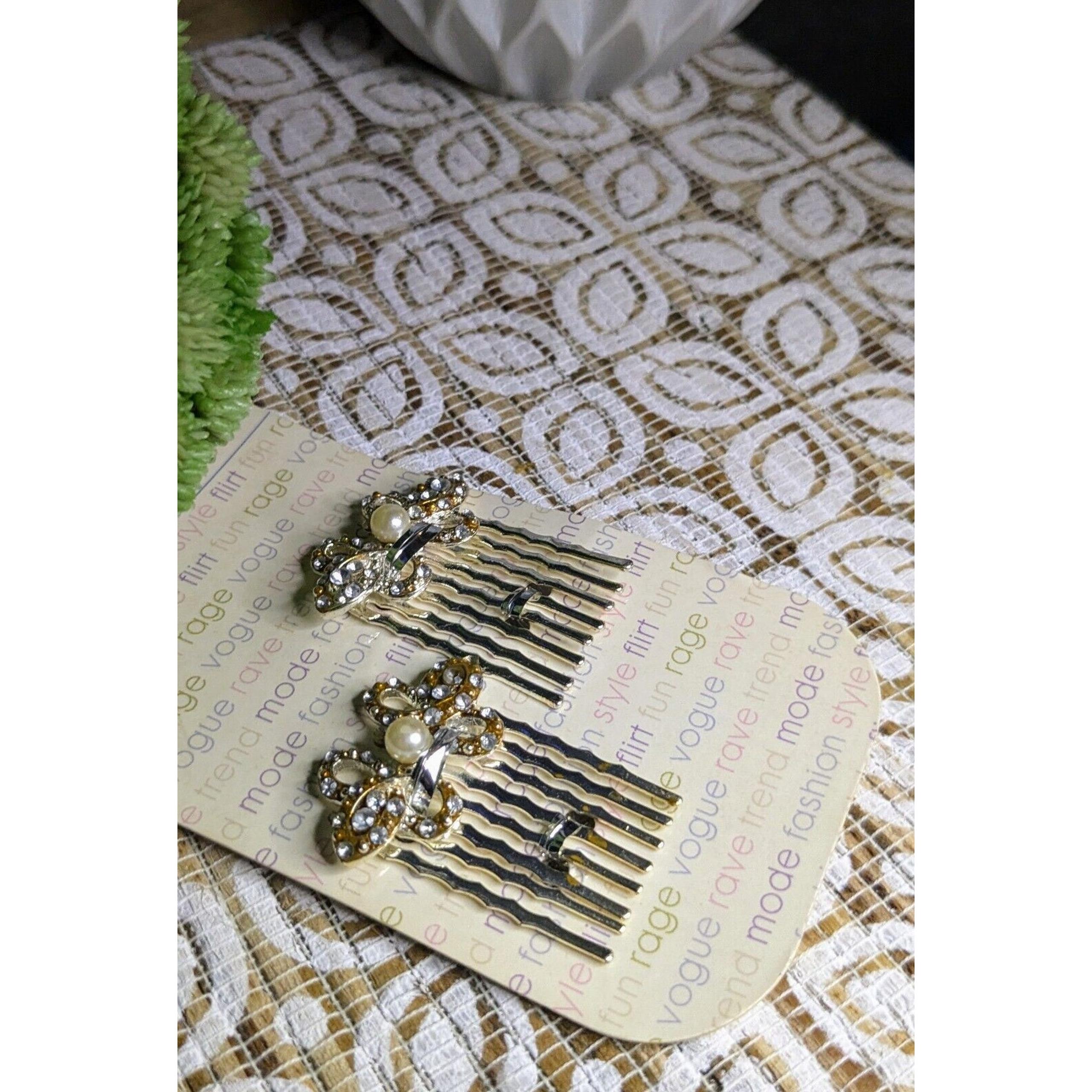 Vintage 1980s Rhinestones Silvertone Hair Combs
