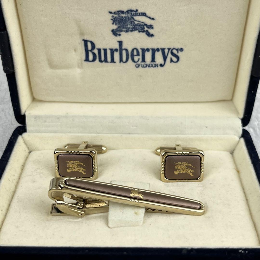 【Excellent Condition】Burberry Tie Pin Cufflinks Set Brown Gold Horse Logo
