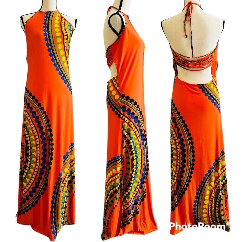 Venus Vintage Modern Retro Boho Chic Halter Strappy Maxi Dress Medium
