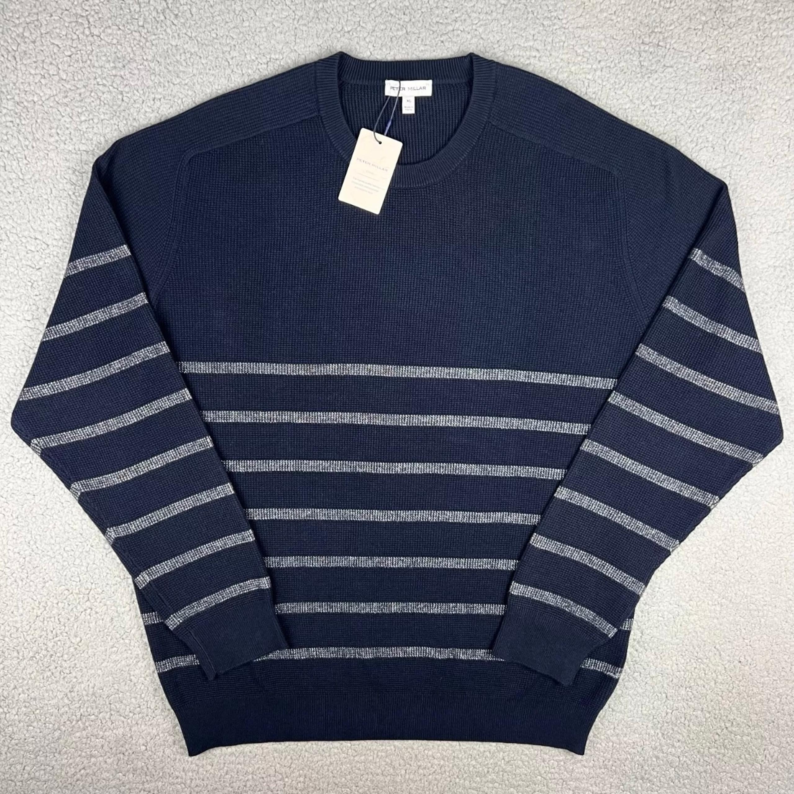 Peter Millar Sweater Mens Extra Large XL Navy Blue Stripe Sampson Crewneck Knit