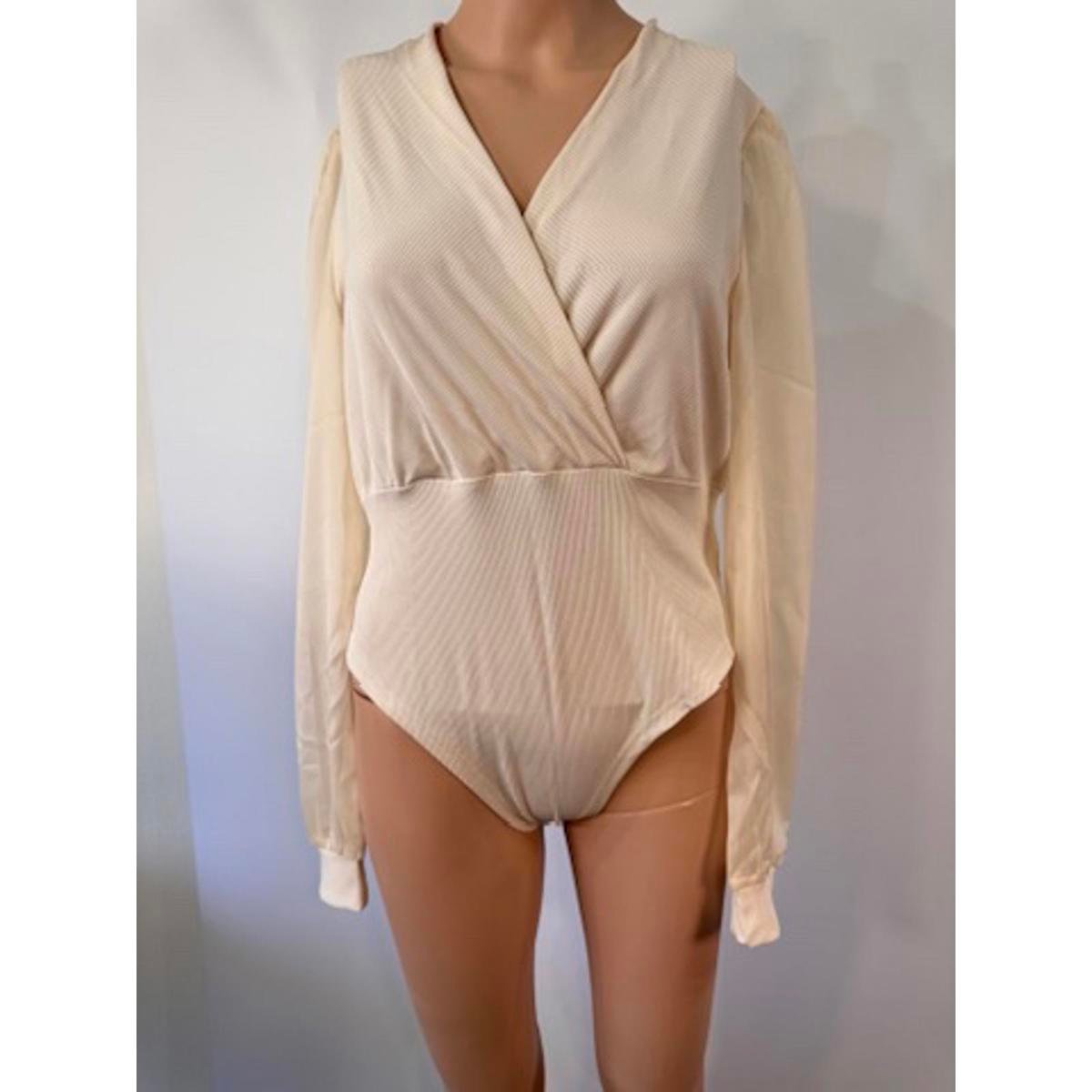 BellanBlue Womens Bodysuit Classic Cream Surplice Sheer Sleeve Minimalist Sz M