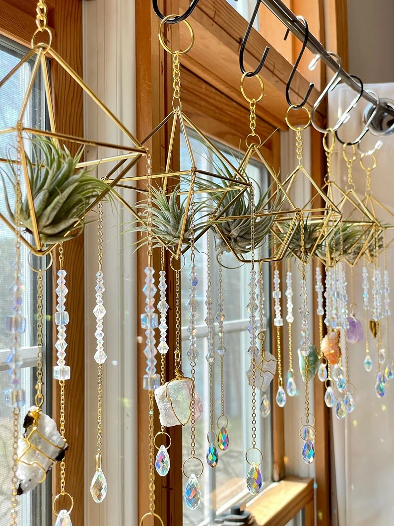 Suncatcher for Window Wire Wrapped Crystal, Rainbow Teardrop Crystals, Air Plant