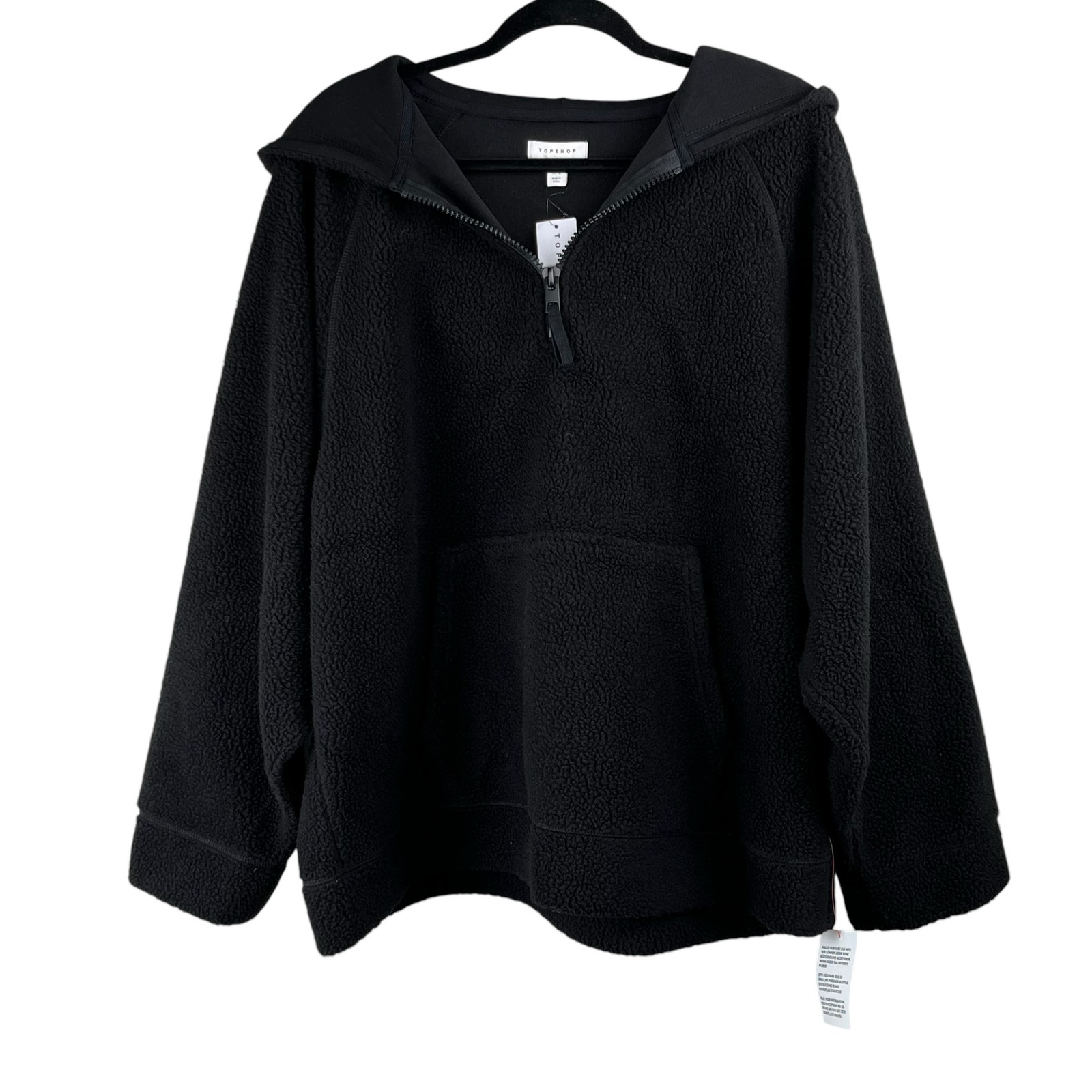 Topshop Black Quarter Zip Casual Fleece Pullover Hoodie Oversized Large/12 NWT