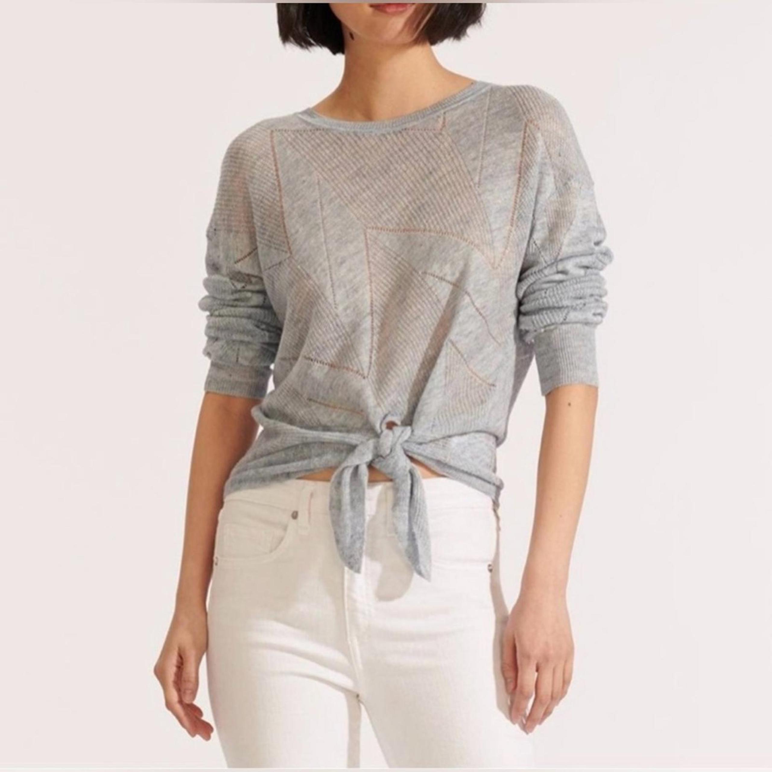 Veronica Beard Elina pointelle crewneck linen tie front knit sweater grey size L