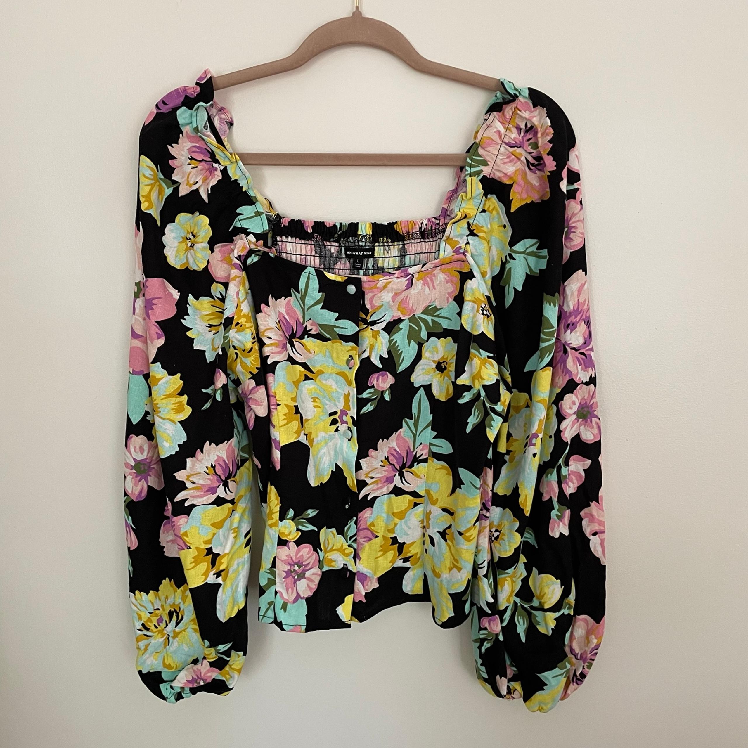 Who What Wear Linen/ Rayon Vibrant Floral Print Smocked Women’s Large Top