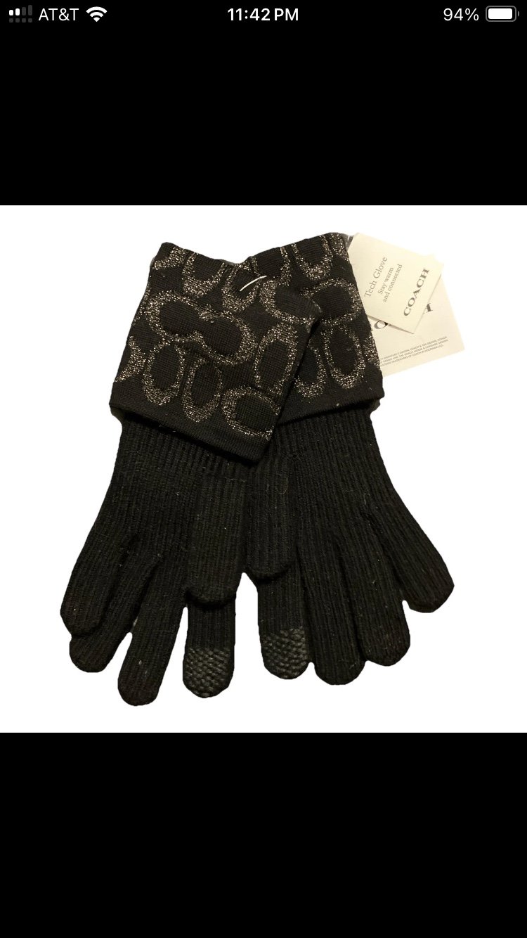 Coach Signature C Metallic Women’s Black Knit Wool Tech Gloves ~ NEW