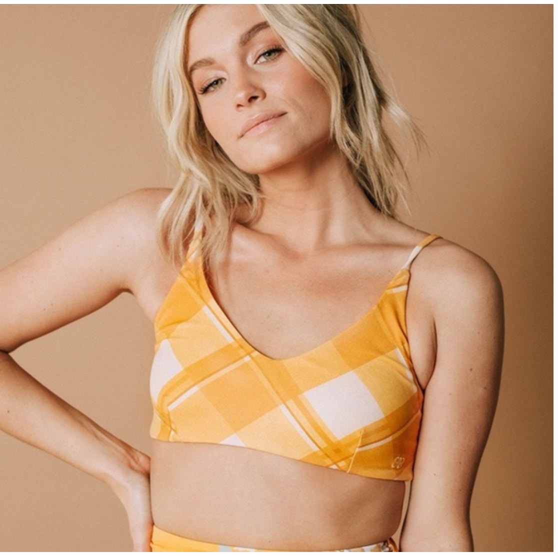 Albion Fit Rise Bralette Butterscotch Plaid Swimsuit Top Size Medium