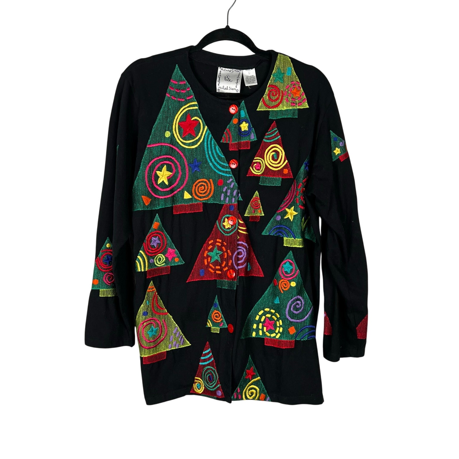 Michael Simon Lite Ugly Christmas Cardigan Sweater Women's Large Trees