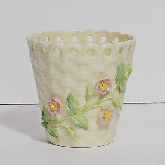 BELLEEK Ireland Basket Weave with Vines and Applied Pink Flowers - Gold mark