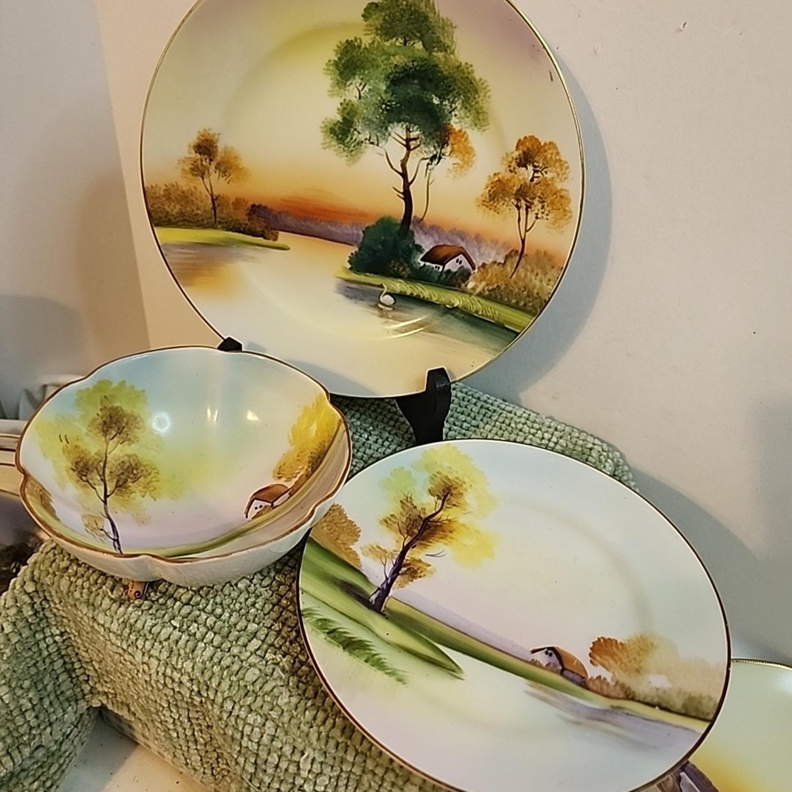 Antique Nippon M-in-Wreath Hand Painted Landscape Plates & Footed Bowl Set