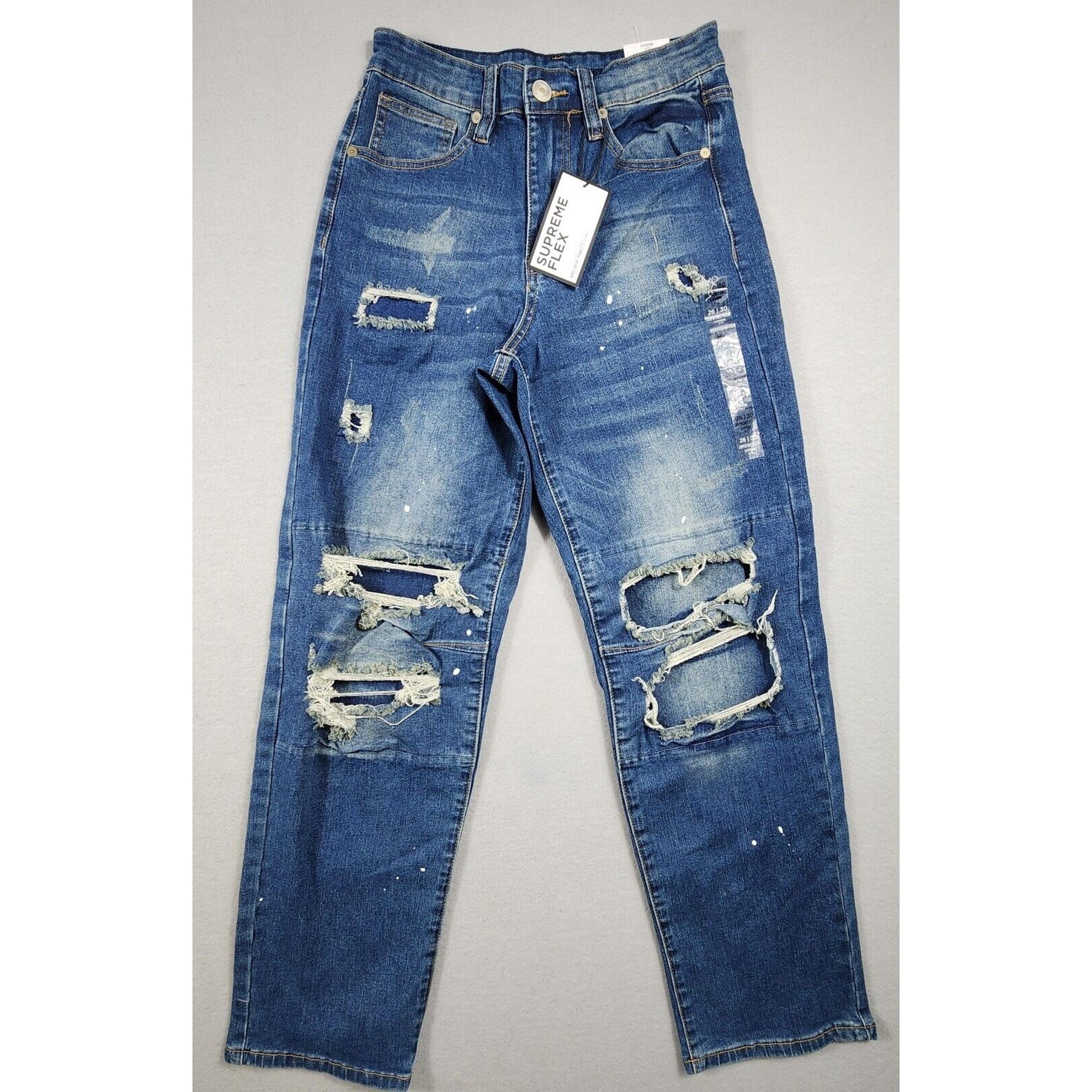 Distressed Paint Splat Jeans Straight Leg Loose Fit Stretch Mens 26x30 Blue