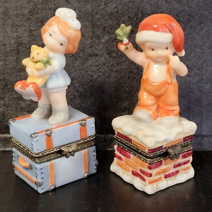 2 Enesco Trinket Boxes TIME FOR BED and HOW BOUT LITTLE KISS Hinged 1997 Vintage