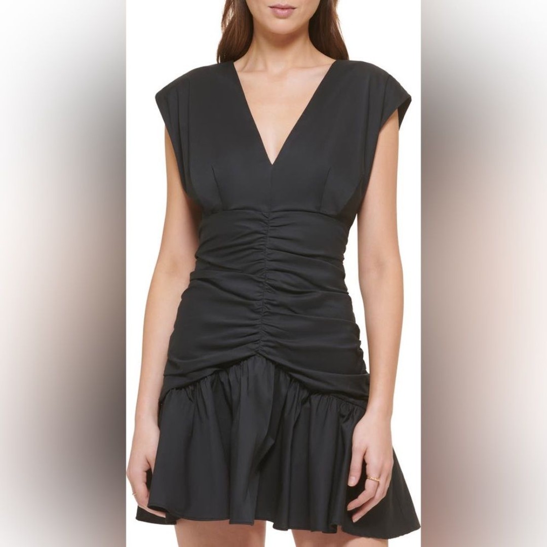 DKNY Ruched Ruffle Stretch Cotton Minidress