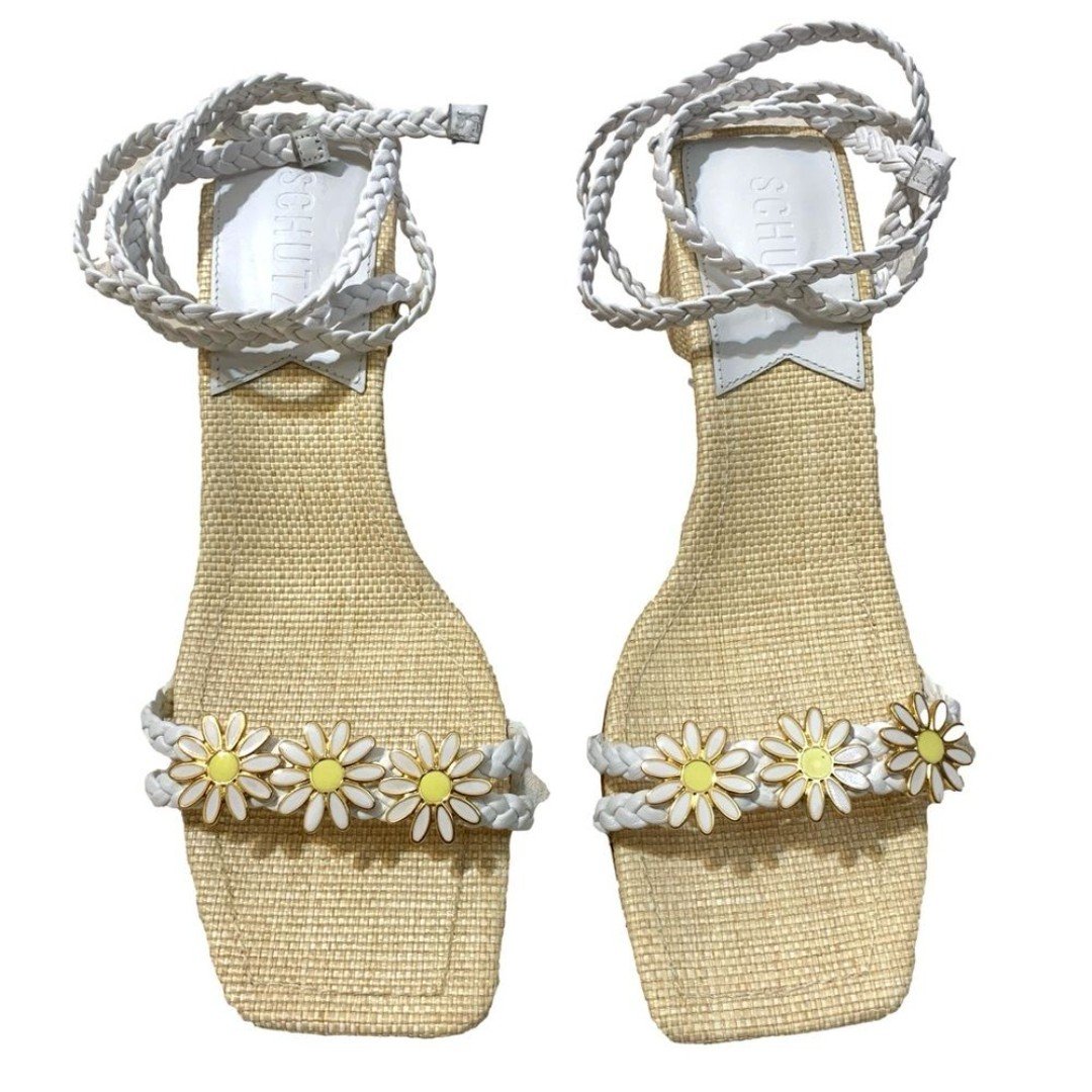 Schutz White Hina Daisy Floral Open Squared Toed Ankle Tie Mid Block Heel Sandal