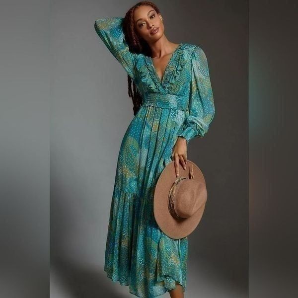 Anthropologie Odetta Ruffle V-Neck Midi Dress In Turquoise Size Extra Small NWT