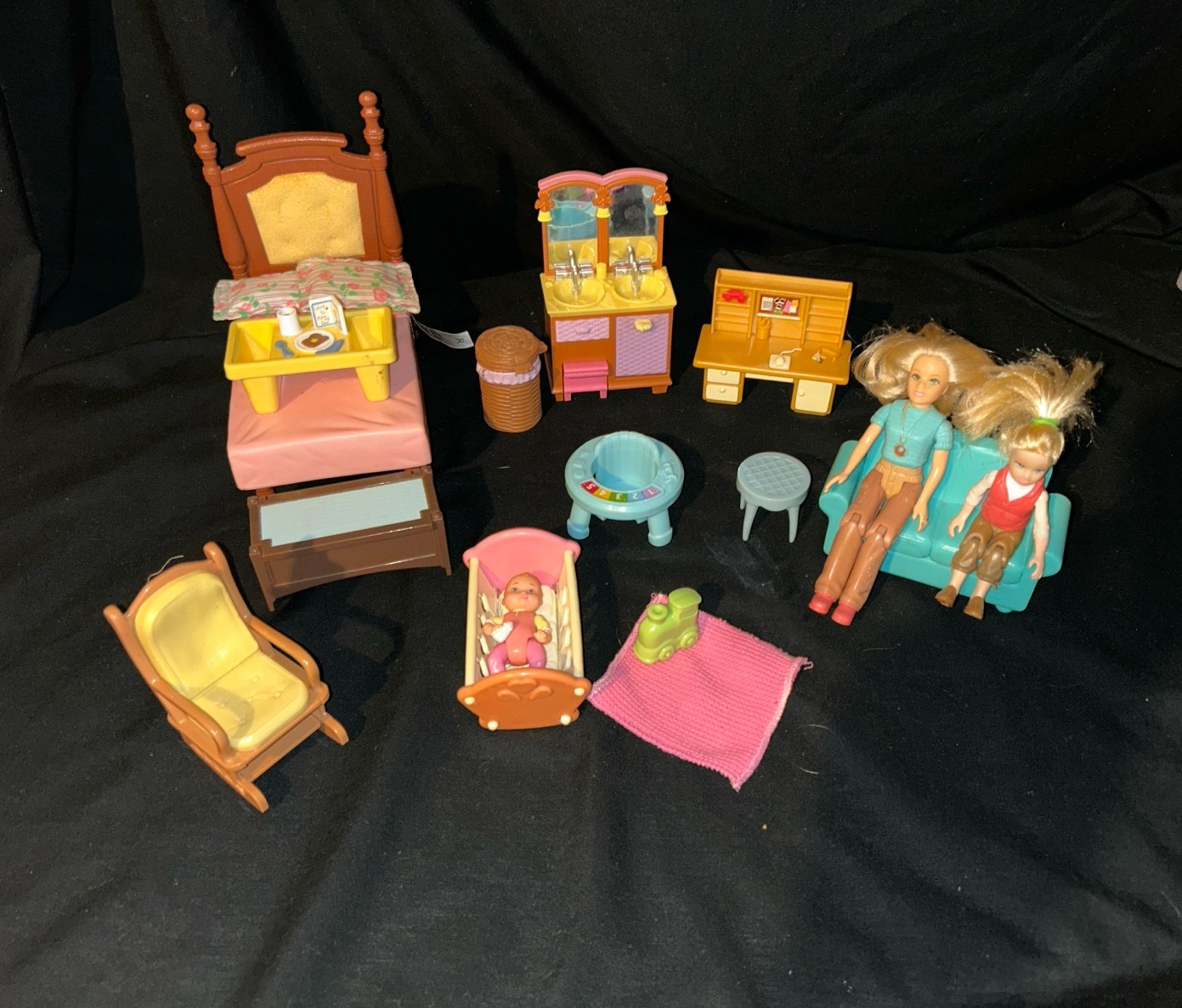 Vintage Fisher-Price loving family dollhouse furniture LOT baby crib bed sink ++