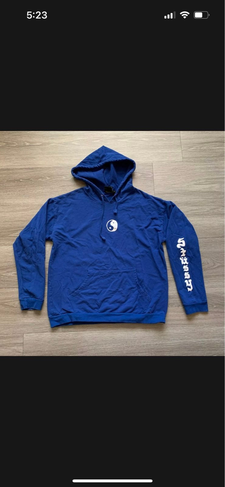 Vintage Rare Stussy Mens Medium Yin Yang Sleeve Logo Print Hoodie Sweatshirt Blu