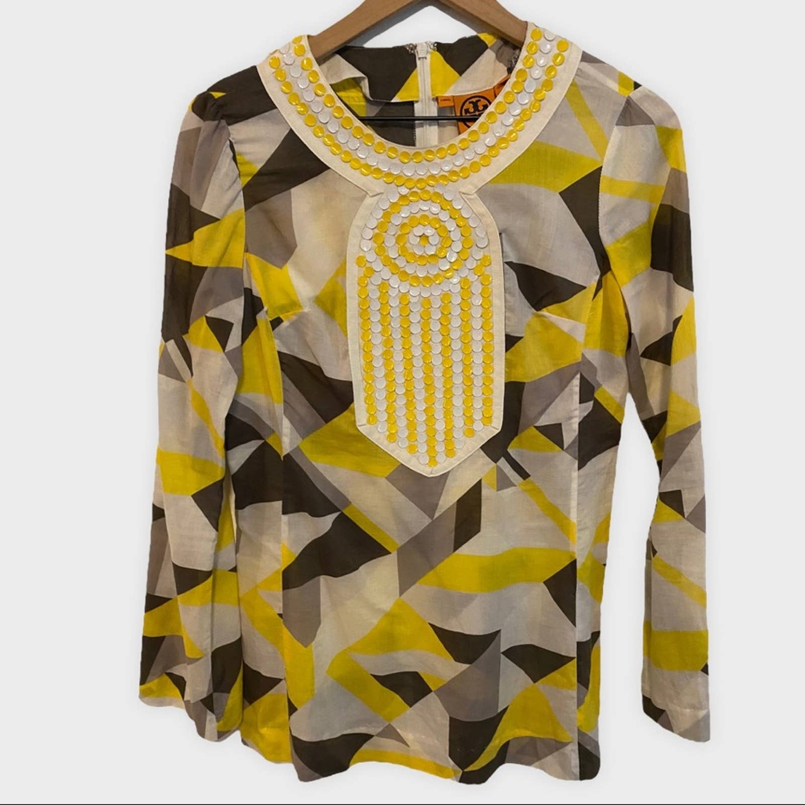 Tory Burch Yellow White Gray Lightweight Sequin Embellished Tunic Top