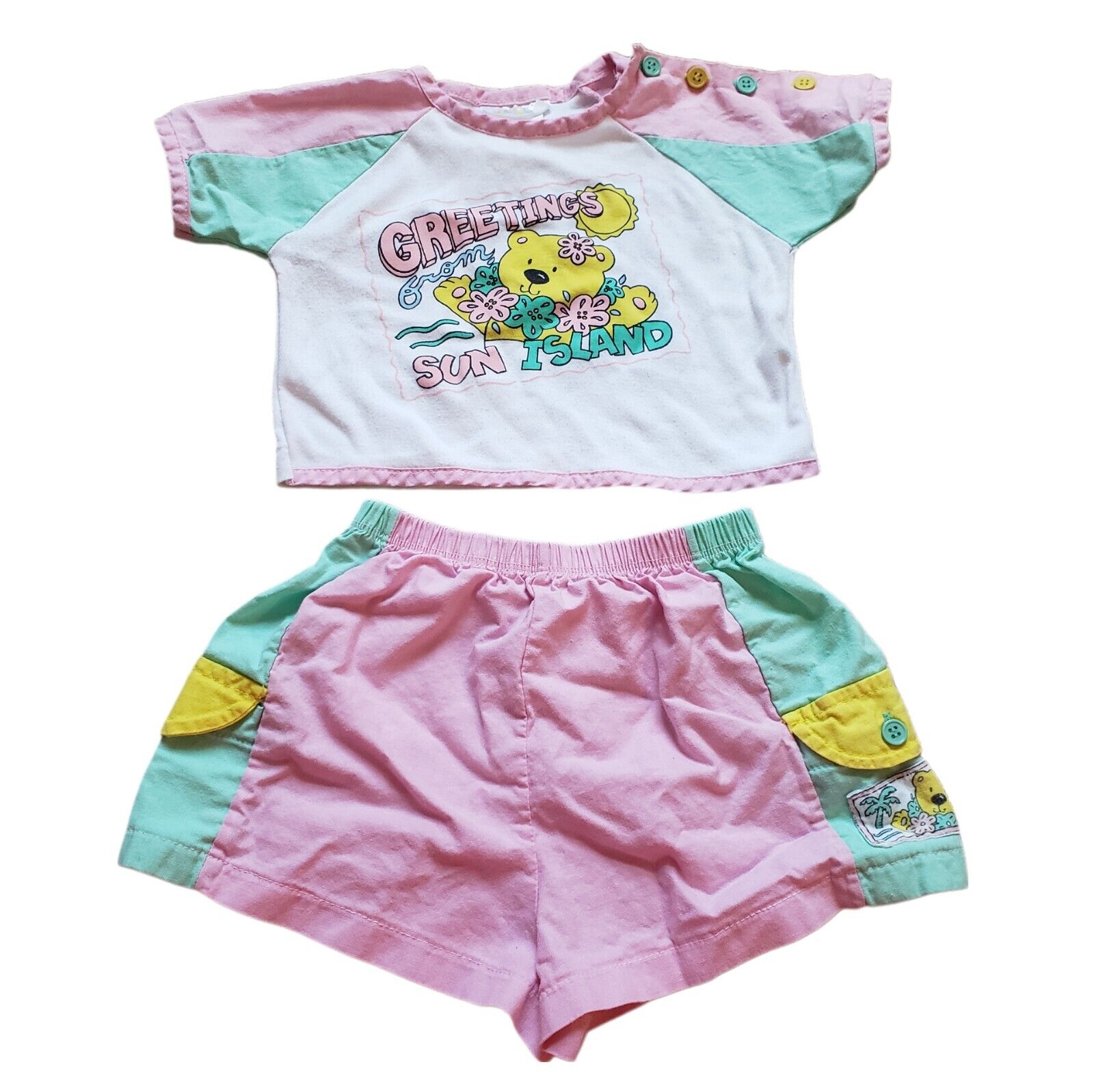 24M Toddler Girls Vintage 90s Childwise Pink Teddy Bear Shirt Spring Shorts Set
