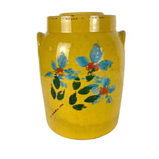 Vintage Yellow Ware Storage Crock With Lid 10” Tall Blue Flowers Hand Painted