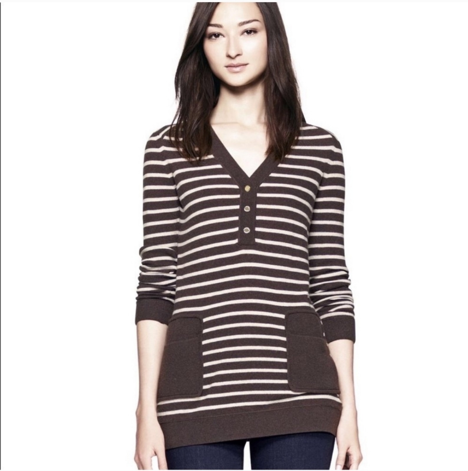 Tory Burch Women's Felicia Tunic Striped Wool Cashmere Blend Sweater LG