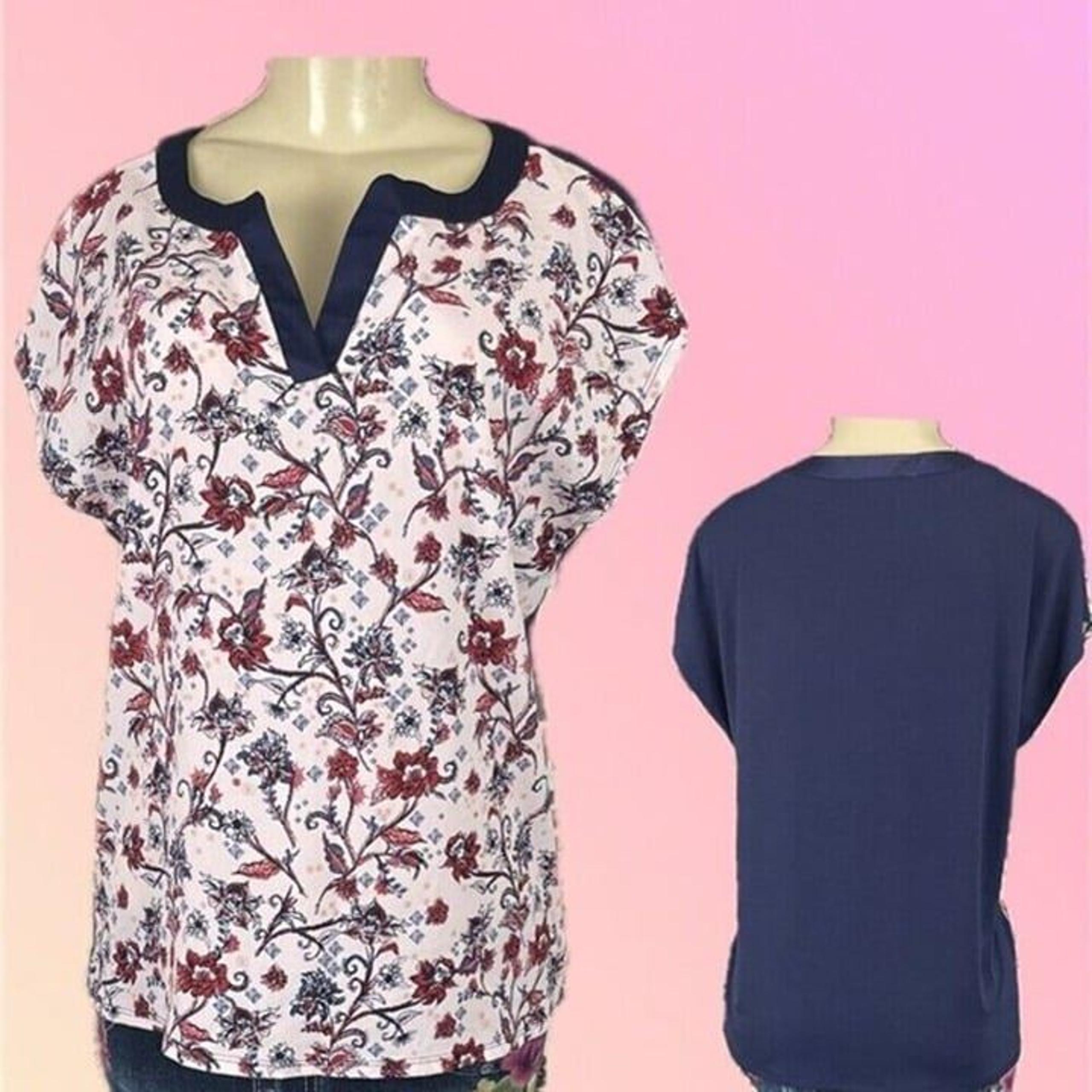 Marc New York L Pink Floral Split Neckline Navy Back Short Dolman Sleeve Blouse