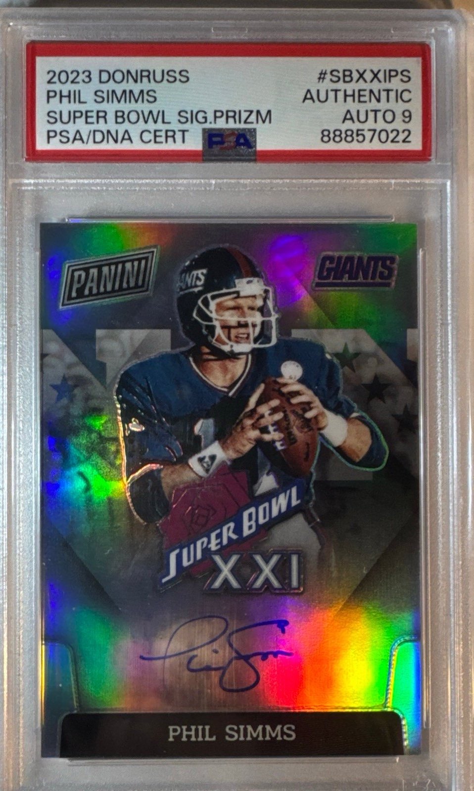2023 PANINI DONRUSS SUPER BOWL SIGNATURES PRIZM #SBXXIPS PHIL SIMMS PSA