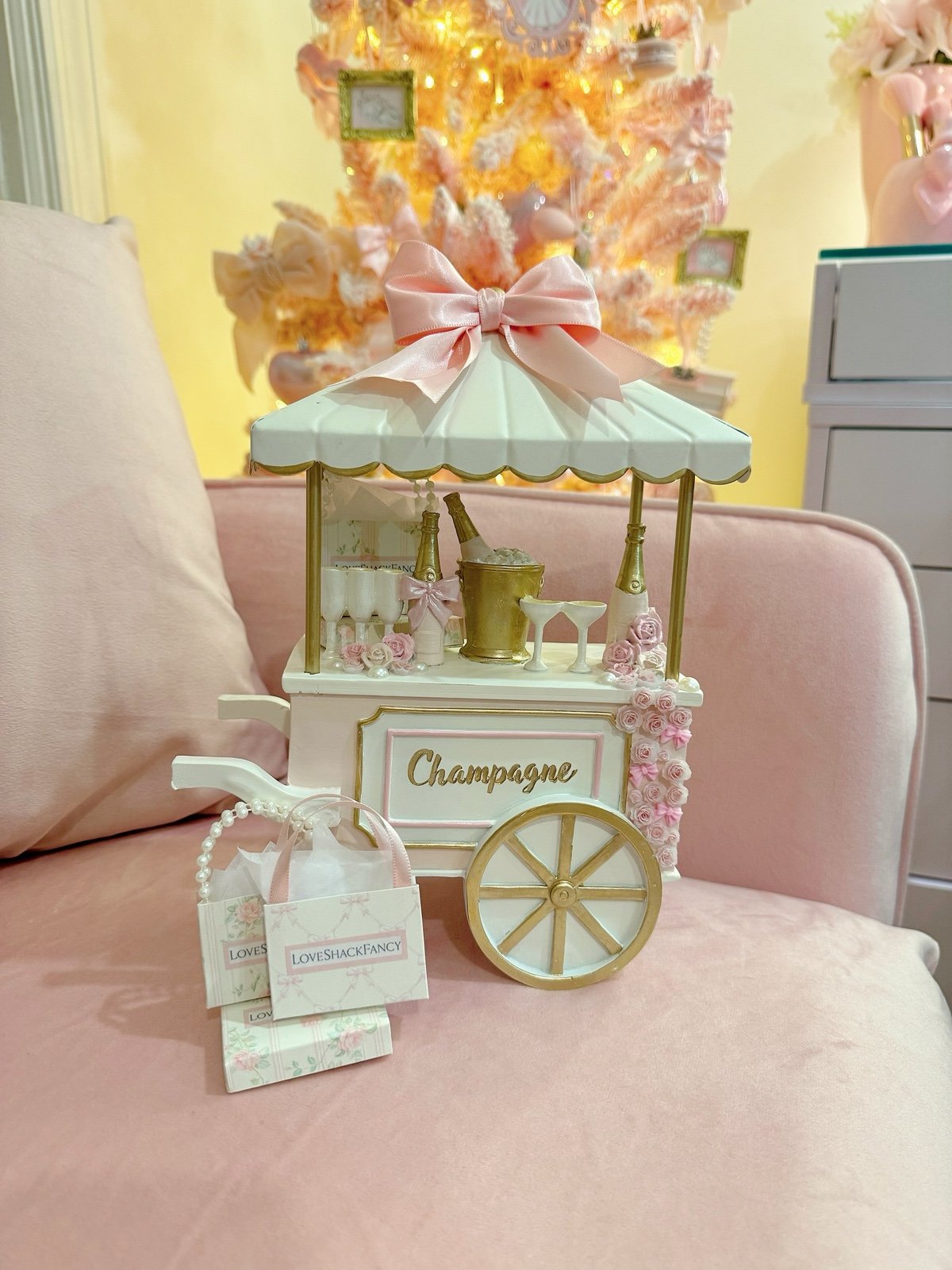 LoveShackFancy Inspired Pink Champagne Booth Bar Cart Decor