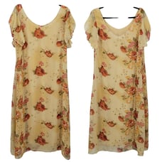 Vtg Country Cottagecore Feminine Floral Chiffon Midi Dress Flutter Sleeve Sz XL