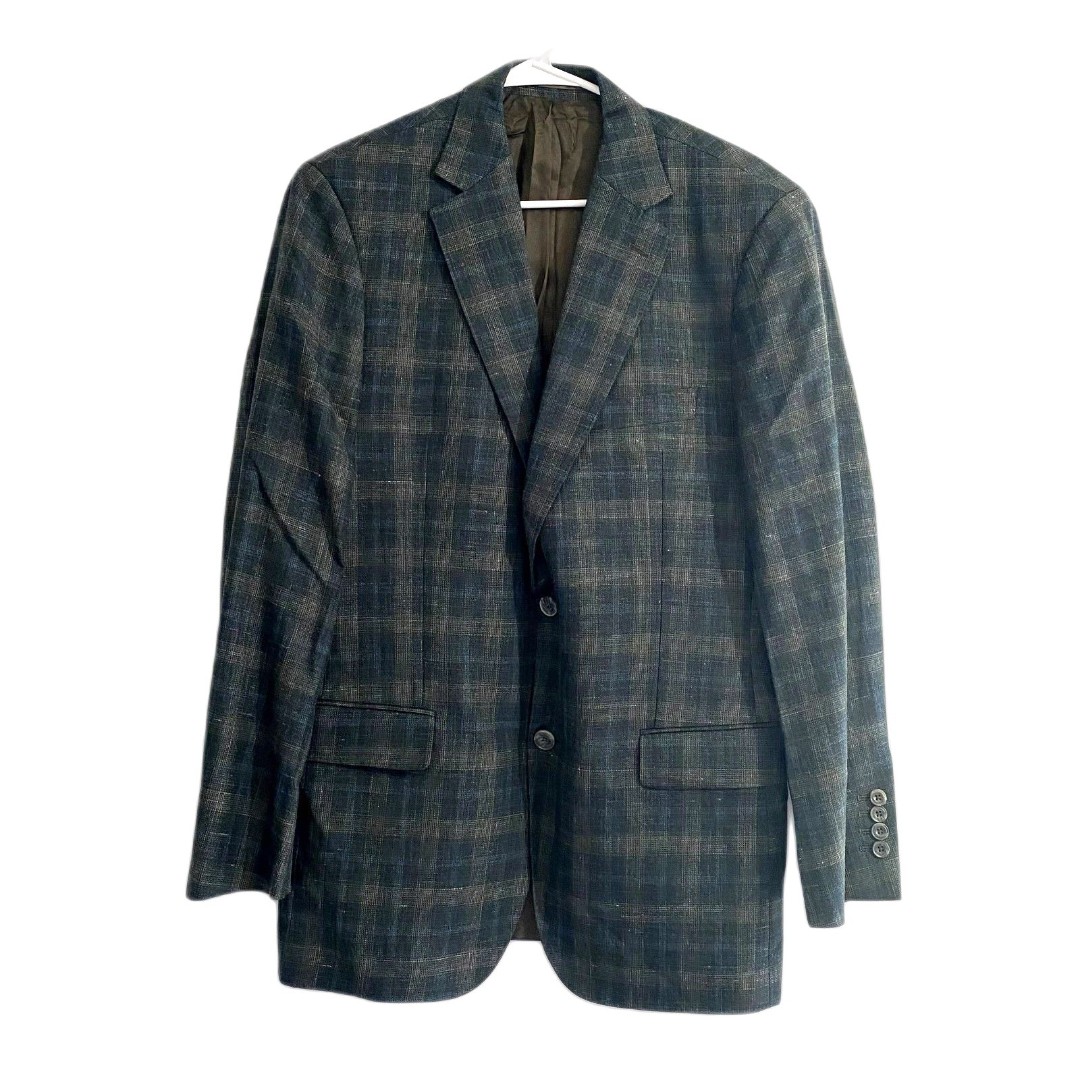 J. Hilburn Vitale Barberis Canonico Green Plaid Blazer Wool Blend Size 42R
