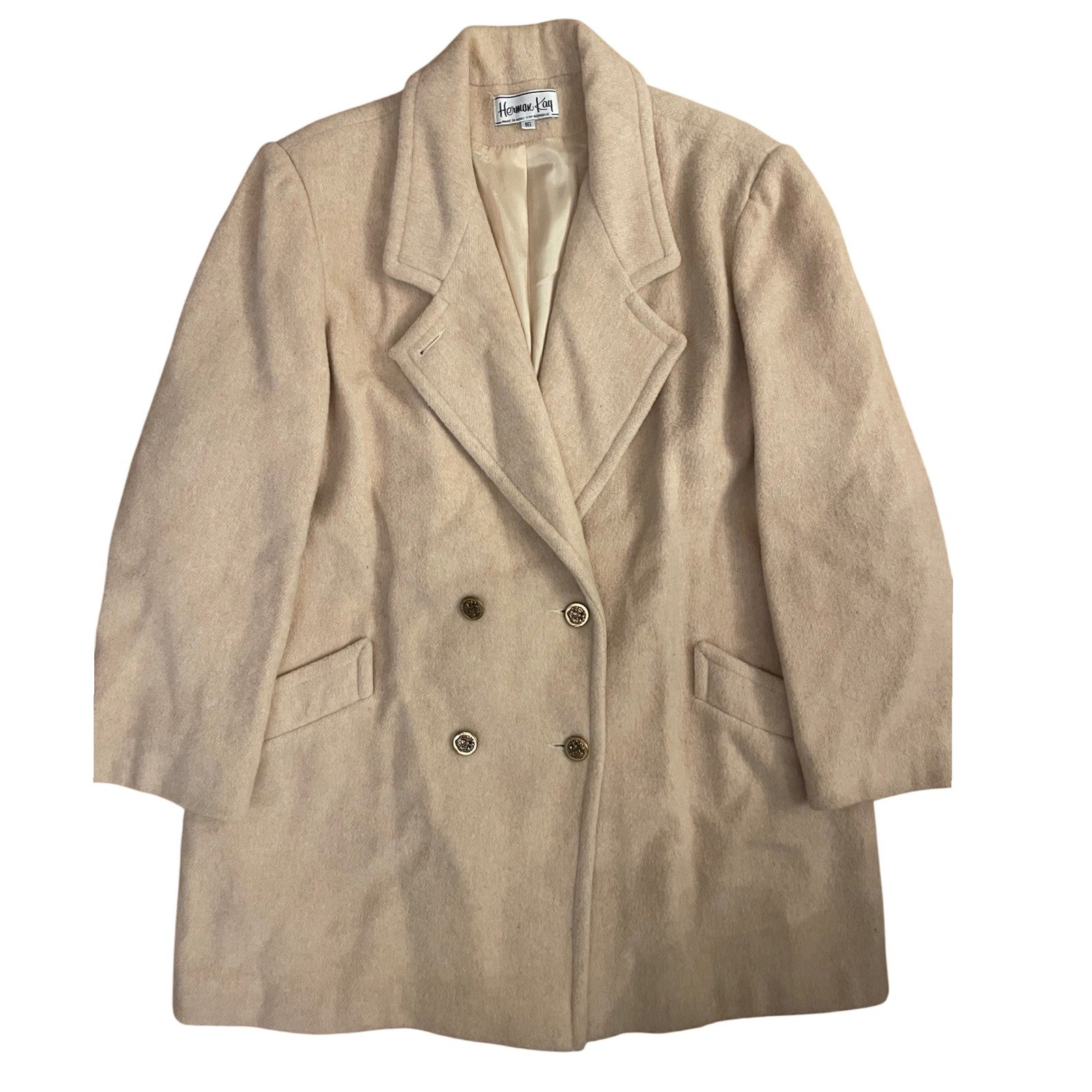 Vintage Herman Kay beige wool coat women's size 16 made in Dominican Republic