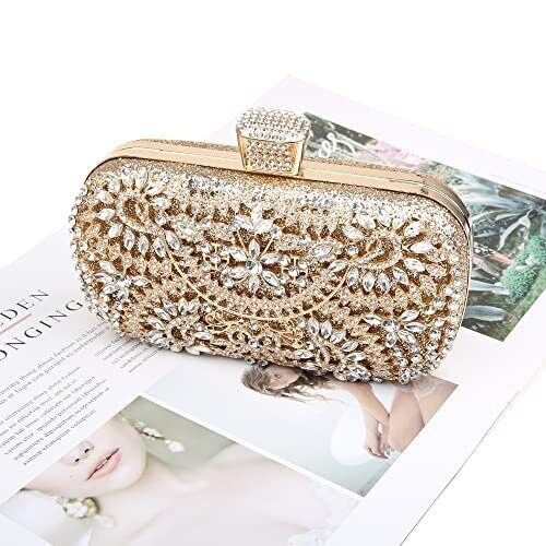 Luxury Diamond Rhinestone Pearls Beaded Wedding Clutch Purse ,Gold Evening Bag