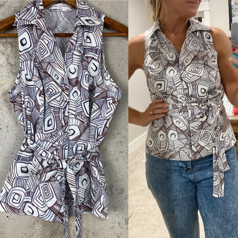 Anne Fontaine gorgeous mid century modern print blouse brown white sleeveless fr