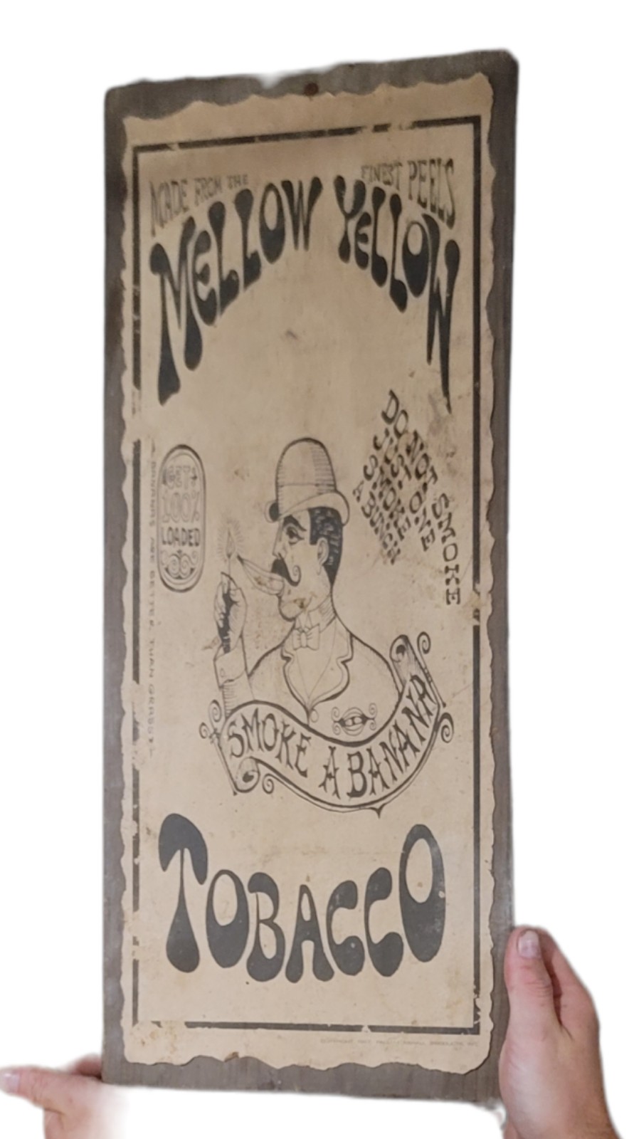 Vintage Mellow Yellow Tobacco black and white Wood Sign advertising smoke banana
