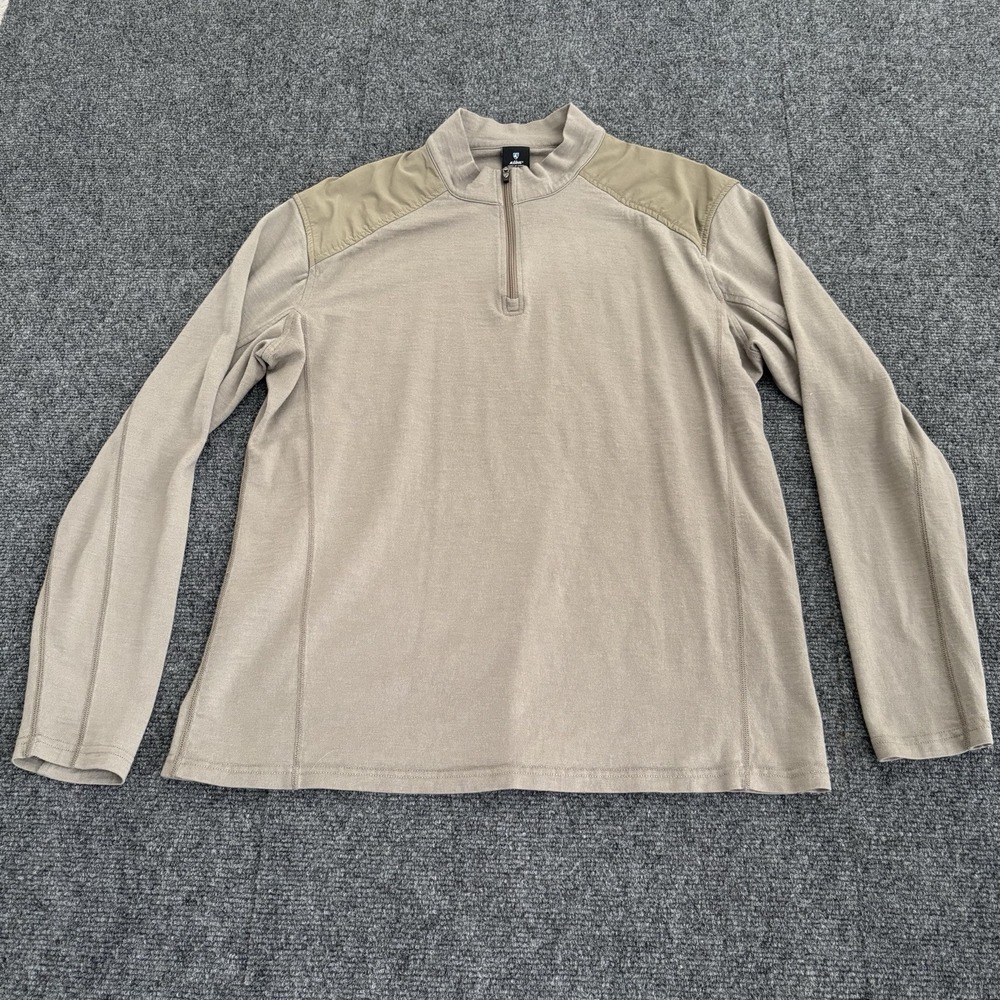 Kuhl Sweater Mens Large Beige Quarter Zip Pullover 100% Merino Wool Hiking
