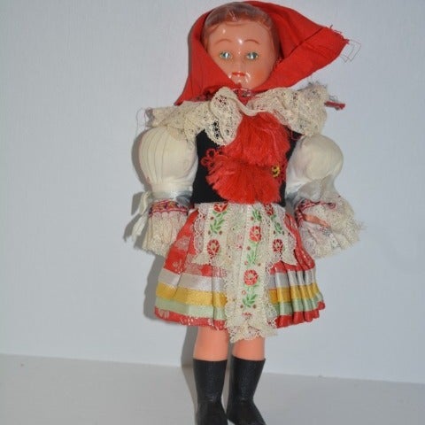 12in Vintage Czech Rubber Girl Doll Red