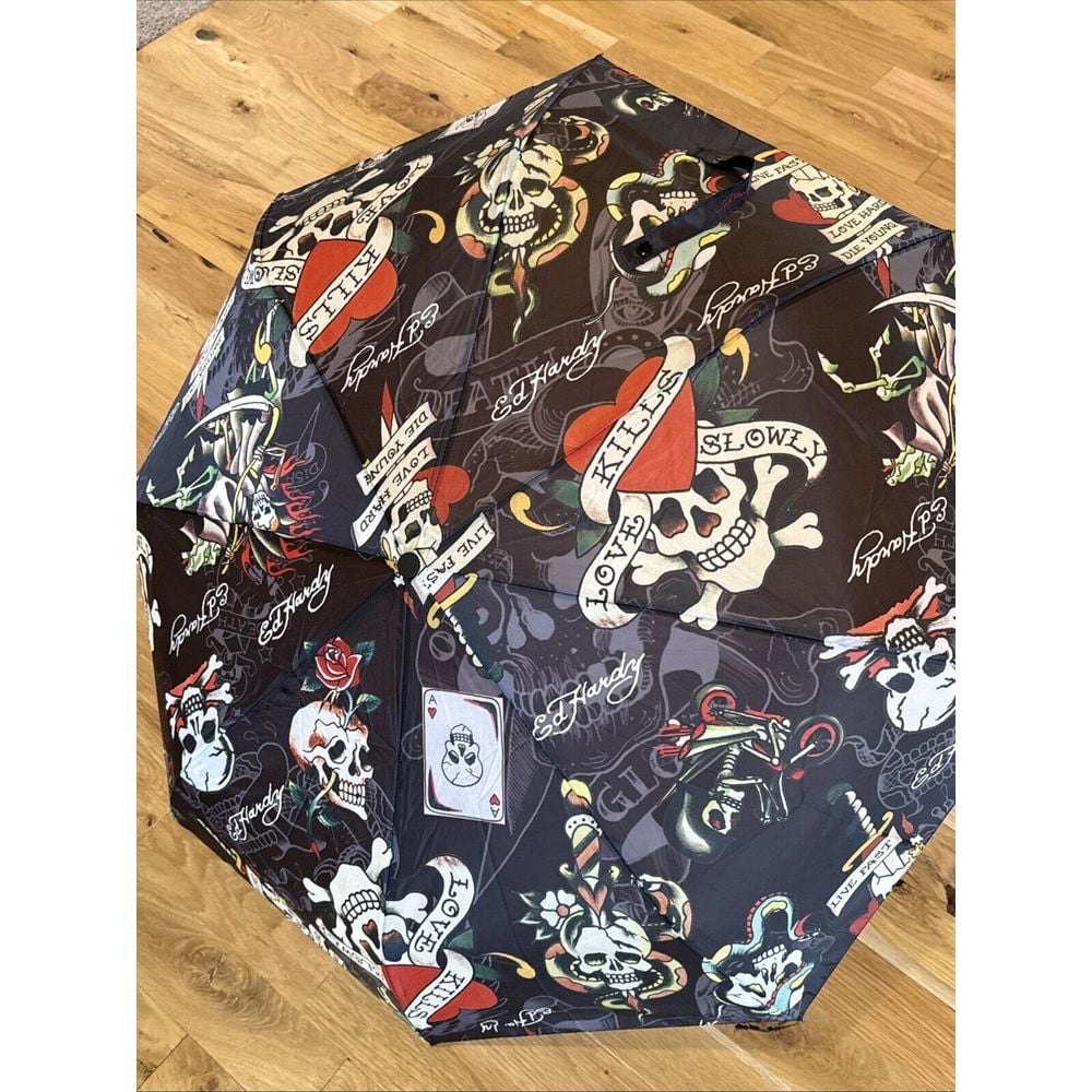 Ed Hardy Live Fast Love Hard Die Young Compact Umbrella Auto Close NEW Y2K