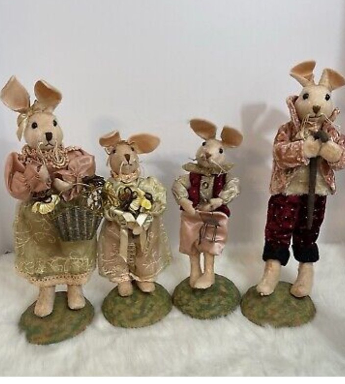 Rabbit Family Figurines,Cottagecore,Victorian Clothes,Bunny Velvety Fur 4-piece.