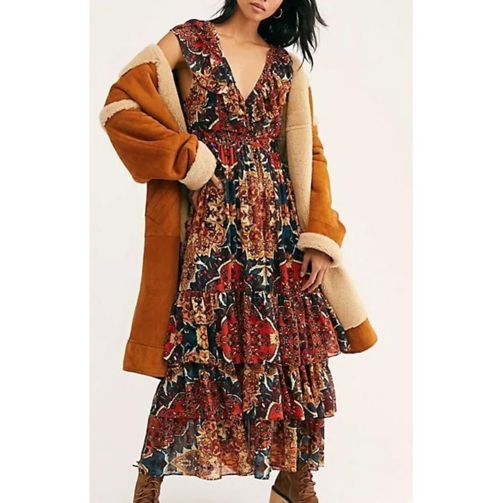Free People Wear it Out Maxi Dress Floral Short Sleeve V-neck Ruffle Size 0