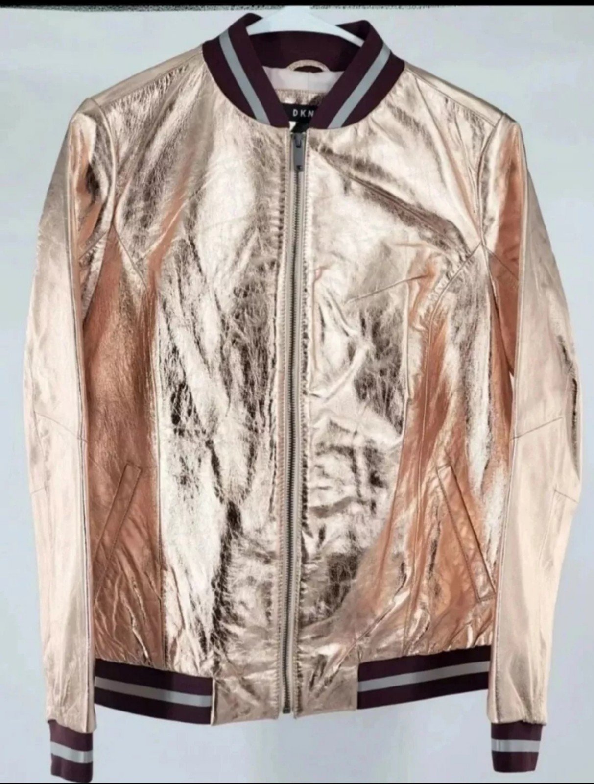 DKNY Women's Metallic Lamb Skin Bomber Jacket☆Size Small