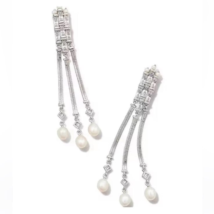 Kendra Scott Gracie Linear Silver, Pearl and Crystals Drop Earrings