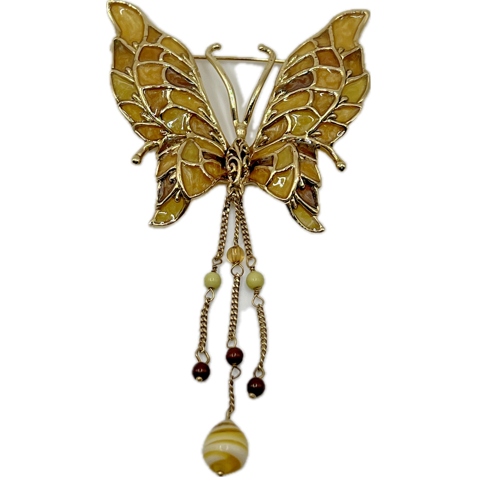 Signed Liz CLAIBORNE Plique a Jour BUTTERFLY BROOCH Brown Chain Bead Dangle
