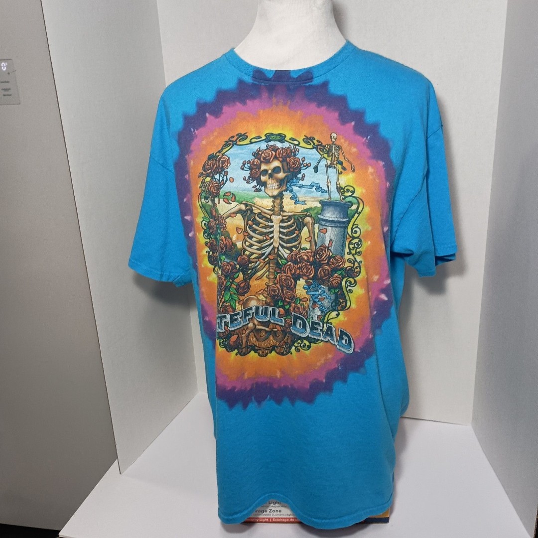 Grateful Dead Liquid Blue Tie Dye Hippie Skeleton Roses Modern 100% Cotton XL