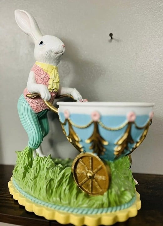 Cupcakes and Cashmere Bunny Pushing Egg Shaped Wheel Barrel 13.5